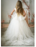 Ivory Lace Tulle V Back Flower Girl Dress With Detachable Train